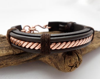 Polished Copper and Leather Bracelet, Leather Bracelet Men, Copper Bracelet Men, 7th Anniversary, ColeTaylorDesigns