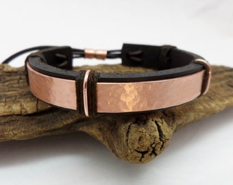 Hammered Copper and Leather Bracelet, Copper Bracelet Men, Leather Bracelet, 7th Anniversary, ColeTaylorDesigns