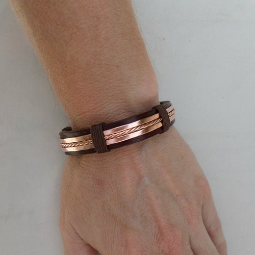 Leather and Copper Bracelet Mens Bracelet 7th Anniversary | Etsy