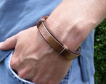 Leather and Hammered Copper Bracelet, Bracelet Men, 7th Anniversary, Dark Brown Leather, ColeTaylorDesigns