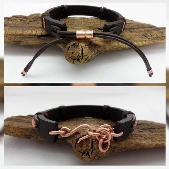 Leather and Copper Bracelet Mens Bracelet 7th Anniversary Dark