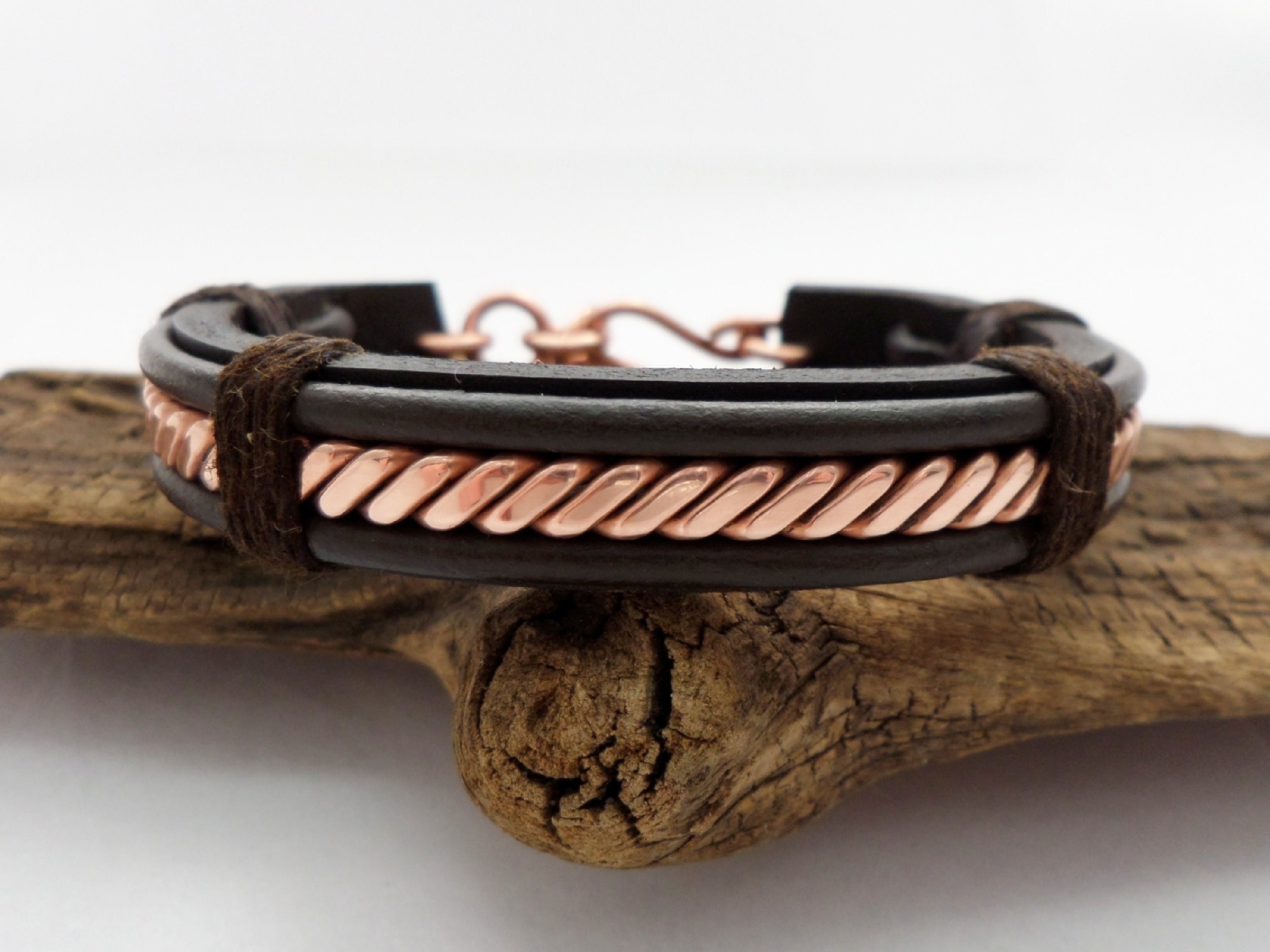 ●DOFFJASON● Cowhide Chain Rope Leather Bracelet OLIVE DJCO Leather and Copper Bracelet, Men's 7th Anniversary