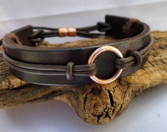 1/2 in. Wide Leather Bracelet with Copper Ring Accent, Men's Christmas, Bracelet Men, Copper Bracelet, 7th Anniversary, ColeTaylorDesigns