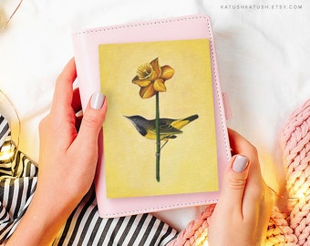 Yellow Bird Postcard, Daffodil post card, Vintage postcard, Gift for Bird Lover, Antique post card, Yellow Postcard, Yellow Flower Post card
