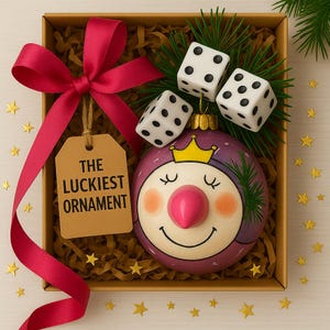 Puede incluir: Un adorno redondo de color morado con una cara pintada y una corona amarilla, decorado con tres dados blancos de puntos negros y agujas de pino verdes. Una etiqueta marr&oacute;n dice THE LUCKIEST ORNAMENT, atada con una cinta rosa vibrante.