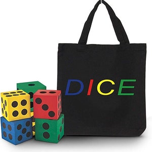 May include: A black canvas tote bag with the word "DICE" printed in colourful letters. The bag is filled with five large foam dice in red, yellow, blue, and green.