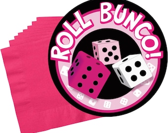 Set de fiesta Roll Bunco: Platos de dados magenta y servilletas negras