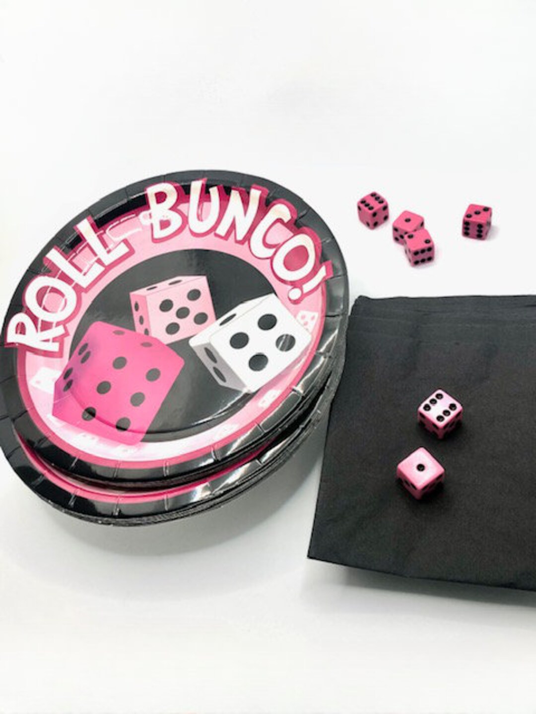 Roll Bunco Plates & Black Bunco Napkins Set 16 8 Bunco Plates and 50 5