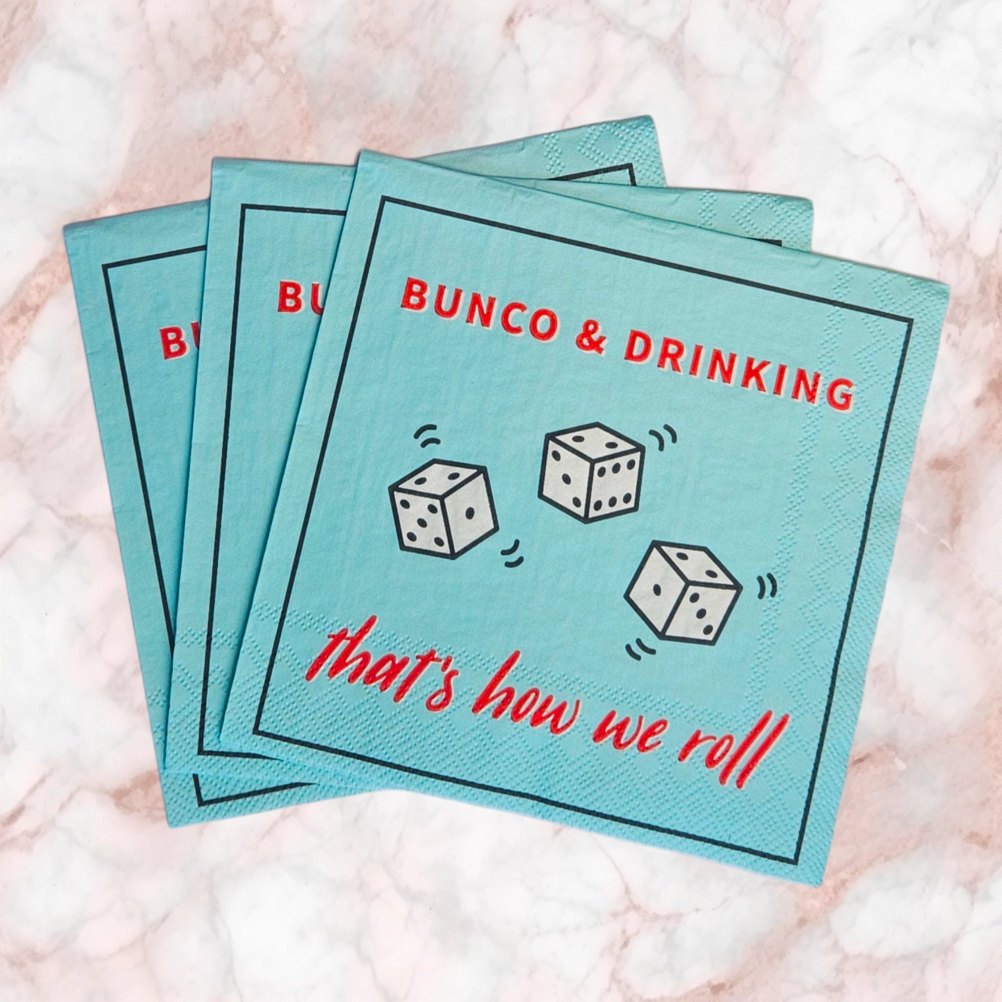 Bunco & Drinking Plate and Napkin Set. Each Set Includes 20 Beverage