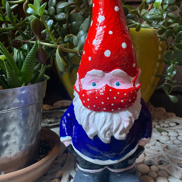 Garden gnome with mask, face covering, handmade solid garden gnome, 12 inches, 30cm, show respect and wear a mask, outdoor sculpture
