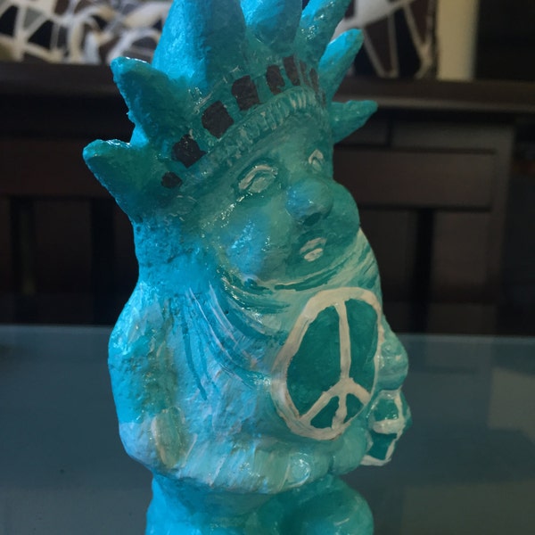 Peace gnome, garden gnome  5.5 inches, 14cm, peace & love for the USA, inspired by Statue of Liberty