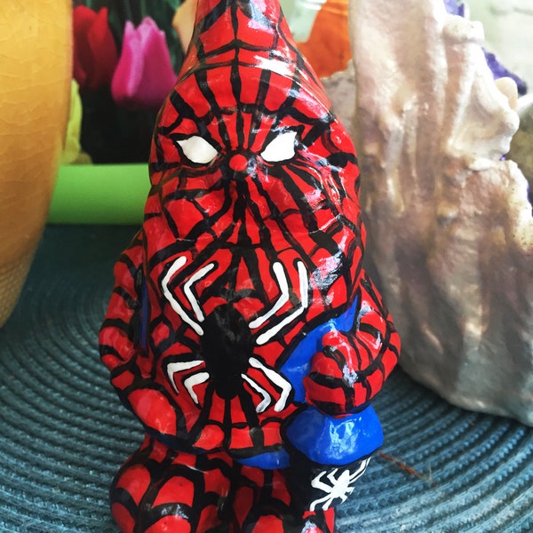 Spiderman parody, Spider gnome, "Gartenzwerg" solid garden gnome, 6", inspired by Marvel Comics