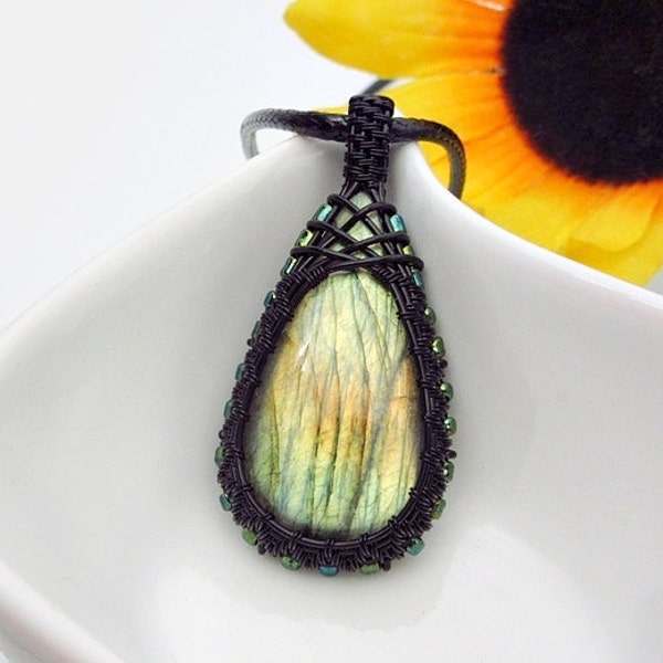 Wire wrapped Labradorite necklace, green and yellow Labradorite pendant, black copper wire wrap, leather necklace, unique necklace for women