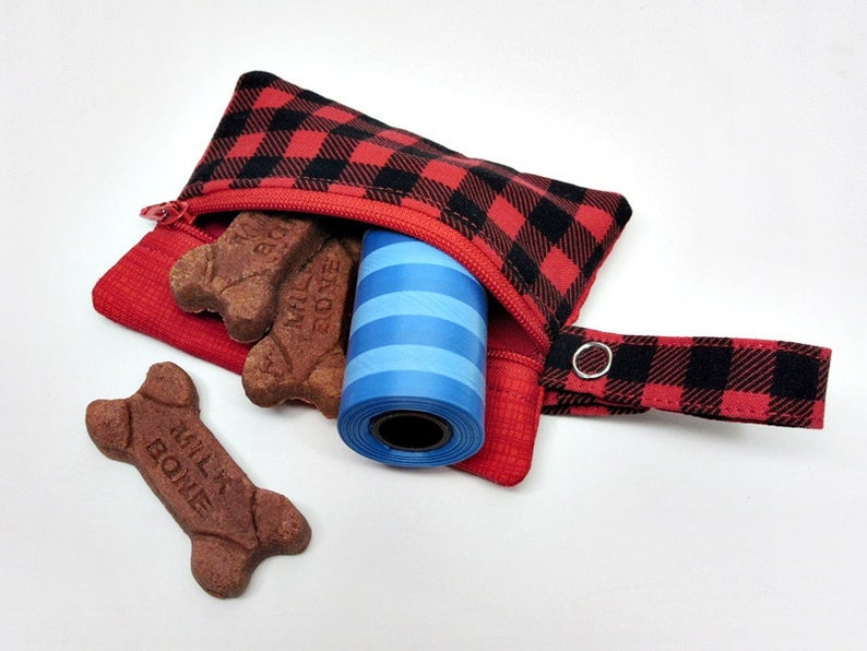 Dog treat pouch small leash bag dog owner gift poop bag holder poop bag dispenser clip on leash pouch small zipper pouch red plaid