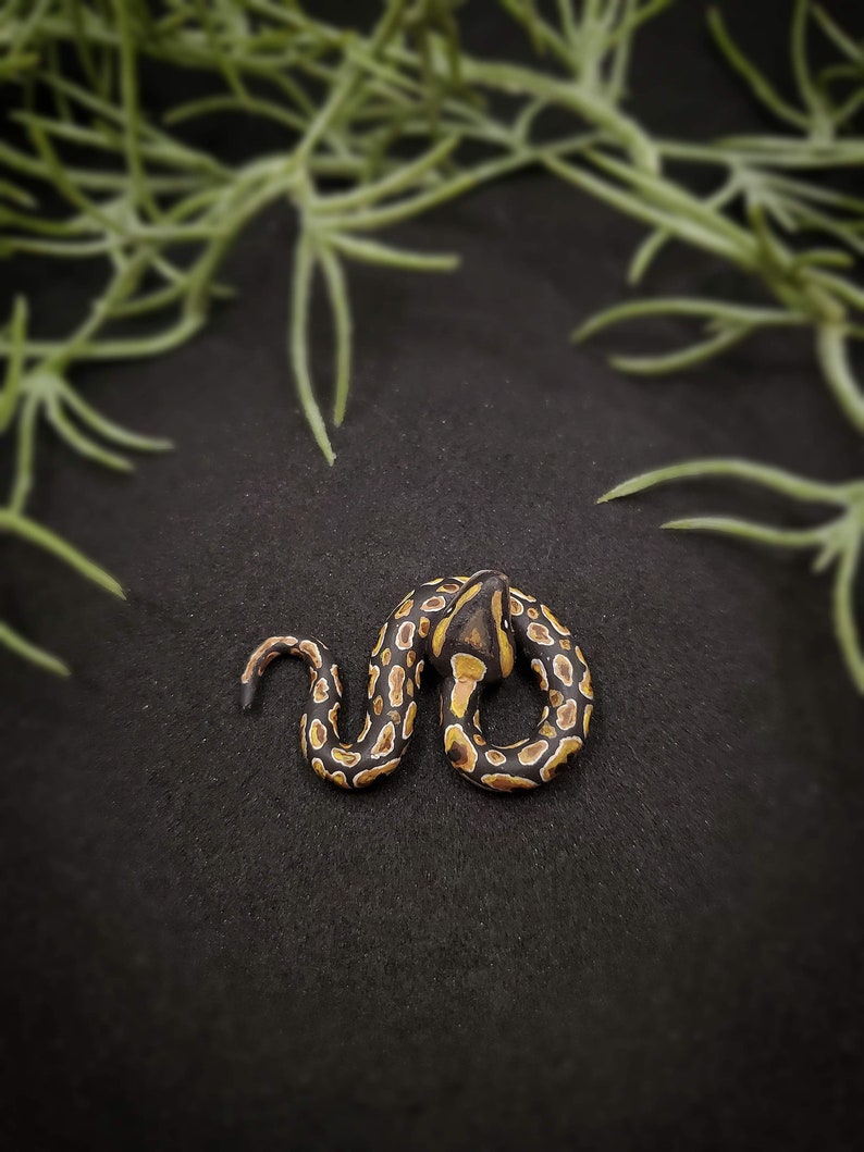 Op de afbeelding: Een handgemaakt miniatuur slangenbeeldje. De slang is opgerold, met een zwart en bruin patroon en een gele kop. Het beeldje staat tegen een donkere achtergrond, met groen gebladerte in de bovenhoeken.