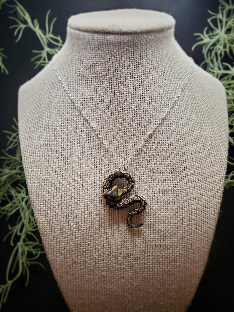 Op de afbeelding: Een zilveren ketting met een hanger in de vorm van een opgerolde slang. De slangenhanger is zwart met bruine en gouden markeringen. De ketting wordt getoond op een beige sieraden buste tegen een donkere achtergrond met groen gebladerte.