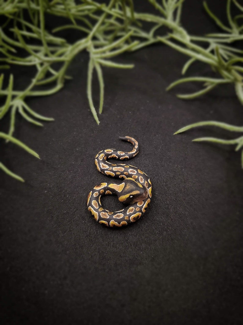 Op de afbeelding: Een gedetailleerde miniatuursculptuur van een opgerolde slang. De slang heeft een patroon van zwarte, bruine en gele markeringen. De sculptuur staat tegen een zwarte achtergrond, met groen gebladerte op de achtergrond.