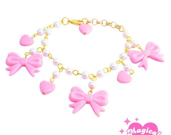 かわいいピンクのリボンブレスレット | アクリルビーズブレスレット