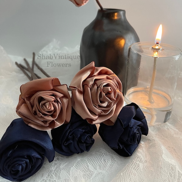 Navy Blue and Rose Gold flower 12 inch stems, Wedding Flower centerpiece, reception table decorations, Wedding Arch Flowers