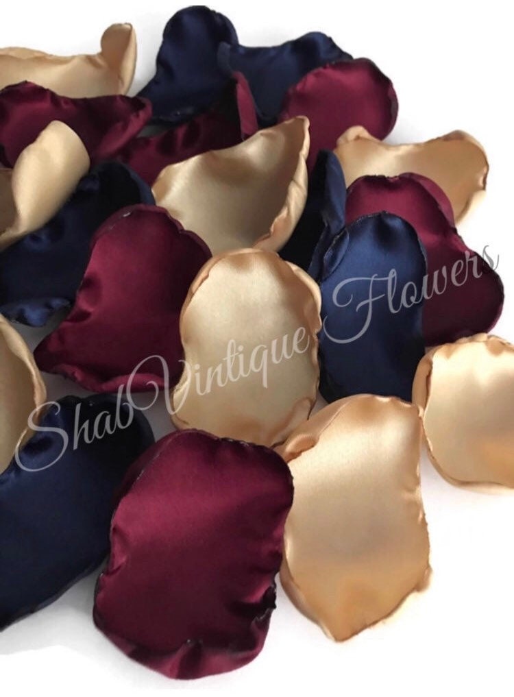 Navy Blue, Marsala maroon and gold flower petals, sweetheart table de…
