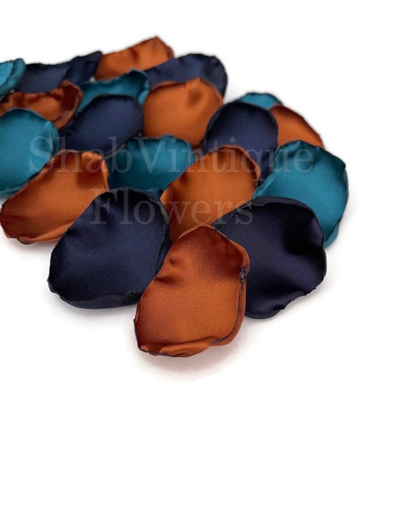 Dark Teal Navy Blue Copper Flower Petals, petals for flower girl basket, wedding aisle decor image 7