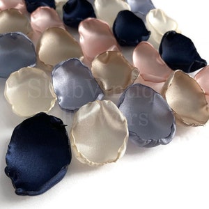 Blush, champagne, ivory, navy blue & dusty blue flower petals, fall country wedding decor, flower girl petals