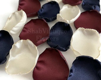 Burgundy, Navy, Ivory Silk Rose Petals - Wedding Aisle Decor, Flower Girl Confetti