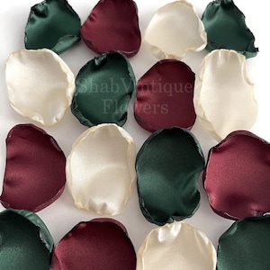 Emerald green, ivory, burgundy mix of flower petals, flower girl petals, wedding aisle decor, cake table decor image 1