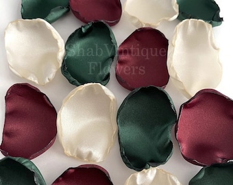 Emerald green, ivory, burgundy mix of flower petals, flower girl petals, wedding aisle decor, cake table decor