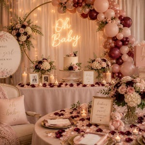 Puede incluir: Un montaje para baby shower con un arco dorado redondo, una guirnalda de globos en tonos rosa y burdeos, un letrero de ne&oacute;n Oh Baby, un pastel, arreglos florales, velas y letreros con el texto A Sweet Little Girl Is On Her Way.