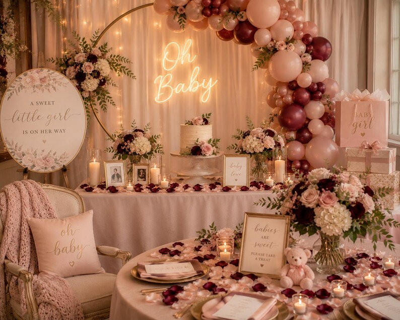 Puede incluir: Un montaje para baby shower con un arco dorado redondo, una guirnalda de globos en tonos rosa y burdeos, un letrero de ne&oacute;n Oh Baby, un pastel, arreglos florales, velas y letreros con el texto A Sweet Little Girl Is On Her Way.