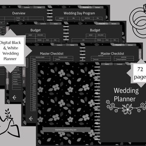 Digital Black and White Minimalist Wedding Planner, digital product wedding checklist, wedding organizer, planner for good notes
