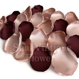 Burgundy, blush pink, and rose gold mix of flower petals, flower girl petals, dessert table decor, fall rustic wedding decor