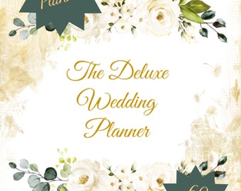 Può includere: Un planner di nozze stampabile con un design floreale bianco e testo dorato. La copertina dice "The Deluxe Wedding Planner" e "60 Pages".