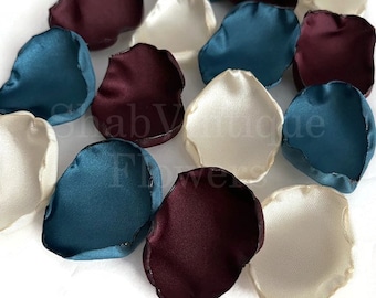 Burgundy, ivory, teal flower petals, flower girl petals, wedding aisle decor, fall wedding decor