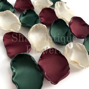 Emerald green, ivory, burgundy mix of flower petals, flower girl petals, wedding aisle decor, cake table decor image 2