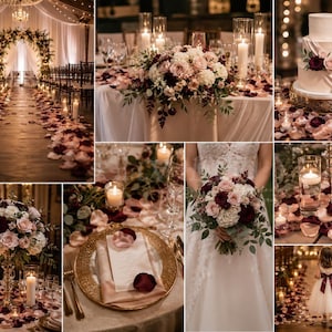 Puede incluir: Un collage de boda que muestra un arco floral, un pastel blanco de tres niveles con rosas burdeos y rubor, una mesa con platos base dorados, un ramo de novia y una ni&ntilde;a de las flores con vestido blanco y faj&iacute;n burdeos, con p&eacute;talos de rosa.