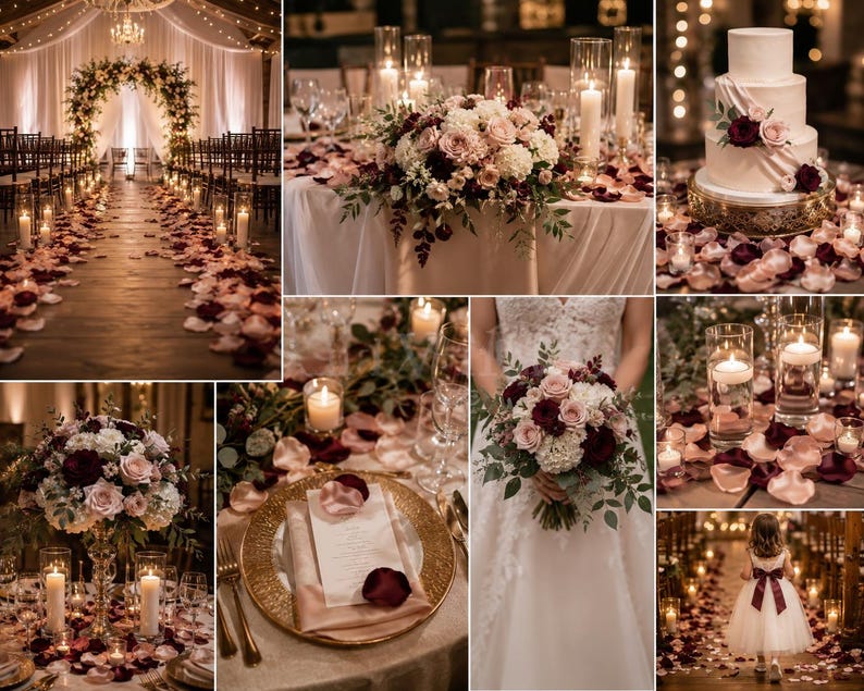 Puede incluir: Un collage de boda que muestra un arco floral, un pastel blanco de tres niveles con rosas burdeos y rubor, una mesa con platos base dorados, un ramo de novia y una ni&ntilde;a de las flores con vestido blanco y faj&iacute;n burdeos, con p&eacute;talos de rosa.