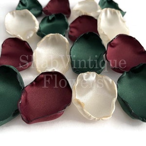 Emerald green, ivory, burgundy mix of flower petals, flower girl petals, wedding aisle decor, cake table decor image 5