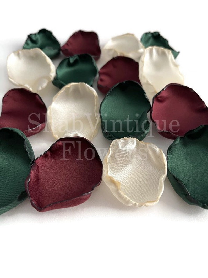 Emerald green, ivory, burgundy mix of flower petals, flower girl petals, wedding aisle decor, cake table decor image 5