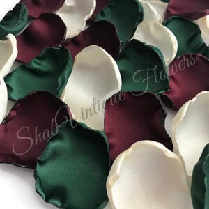 Emerald green, ivory, burgundy mix of flower petals, flower girl petals, wedding aisle decor, cake table decor image 6