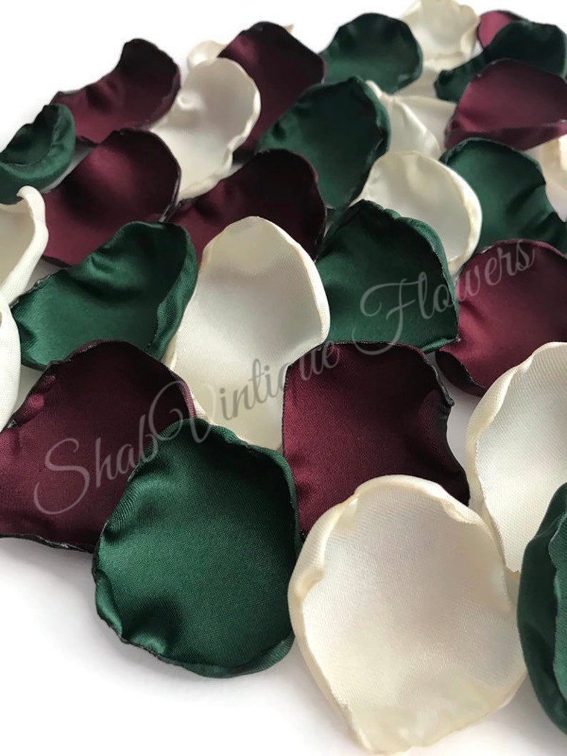 Emerald green, ivory, burgundy mix of flower petals, flower girl petals, wedding aisle decor, cake table decor image 6