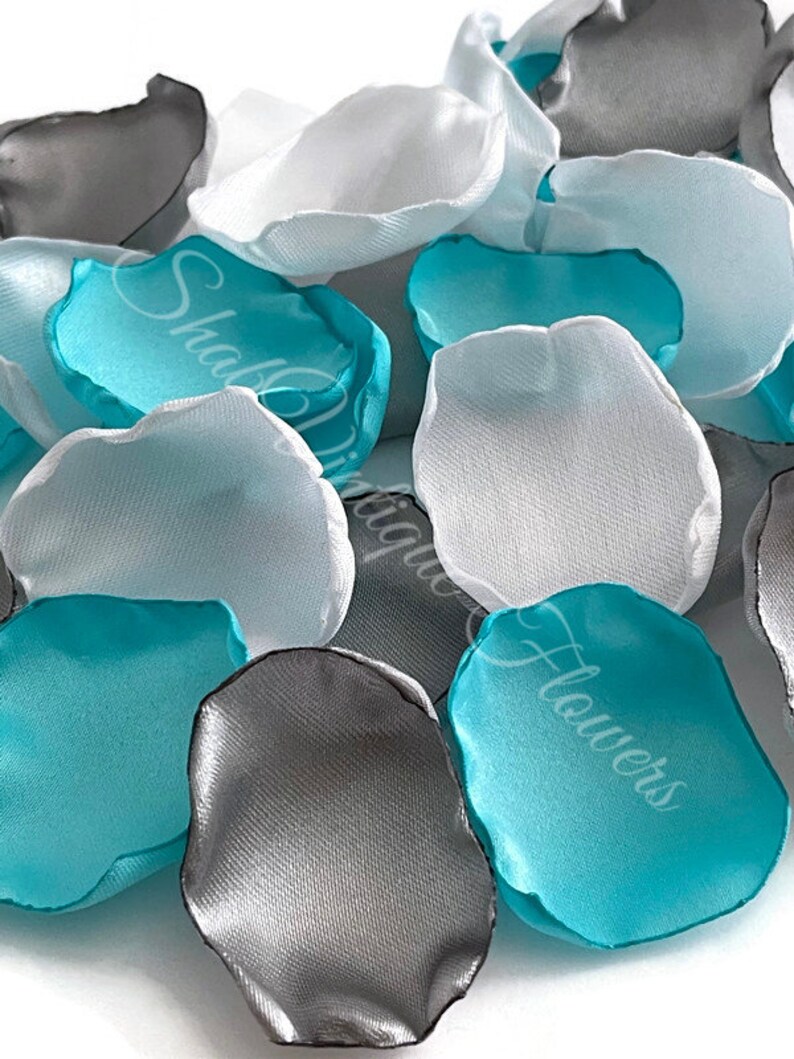 Turquoise white and grey mix flower petals dessert table decor flower girl petals