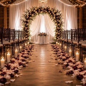 Puede incluir: Un montaje de ceremonia de boda con un arco floral de rosas burdeos y blancas, tela blanca drapeada y una mesa central. El pasillo est&aacute; bordeado por portavelas cil&iacute;ndricos de cristal y p&eacute;talos de rosa burdeos y blancos esparcidos.