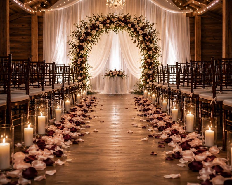Puede incluir: Un montaje de ceremonia de boda con un arco floral de rosas burdeos y blancas, tela blanca drapeada y una mesa central. El pasillo est&aacute; bordeado por portavelas cil&iacute;ndricos de cristal y p&eacute;talos de rosa burdeos y blancos esparcidos.