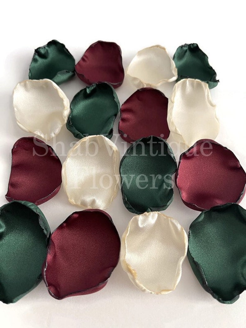 Emerald green, ivory, burgundy mix of flower petals, flower girl petals, wedding aisle decor, cake table decor image 4