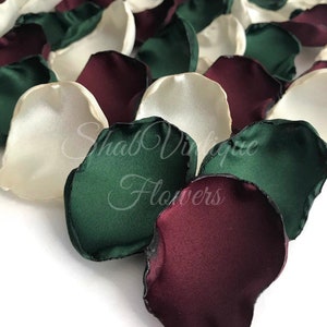 Emerald green, ivory, burgundy mix of flower petals, flower girl petals, wedding aisle decor, cake table decor image 8