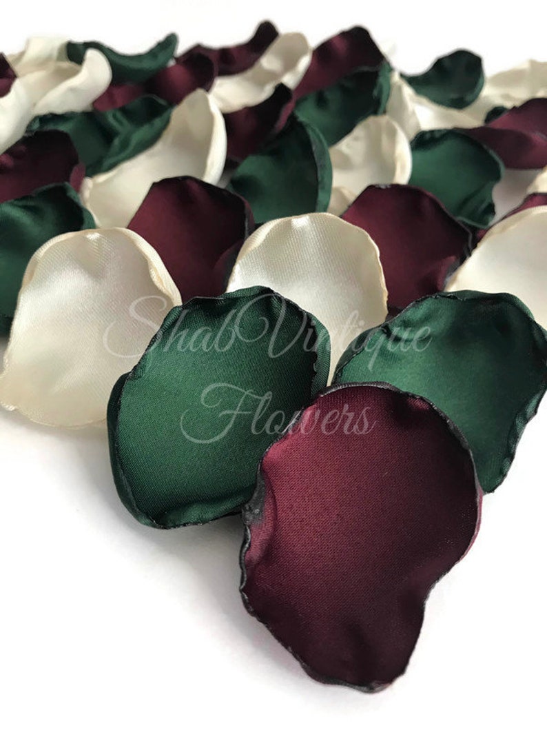 Emerald green, ivory, burgundy mix of flower petals, flower girl petals, wedding aisle decor, cake table decor image 8