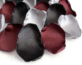 Burgundy, black and silver flower petals, rose petals, dessert table decor, flower girl petals, Wedding Aisle Decor