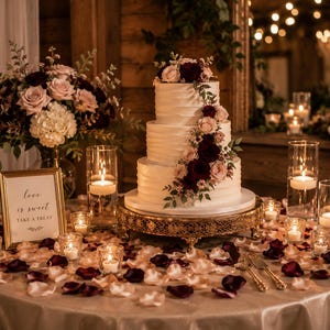 Puede incluir: Un pastel de bodas blanco de tres niveles con glaseado texturizado, decorado con rosas de color rojo oscuro y rosa claro. El pastel se asienta sobre un soporte dorado rodeado de p&eacute;talos de rosa, velas encendidas y un letrero que dice love is sweet.